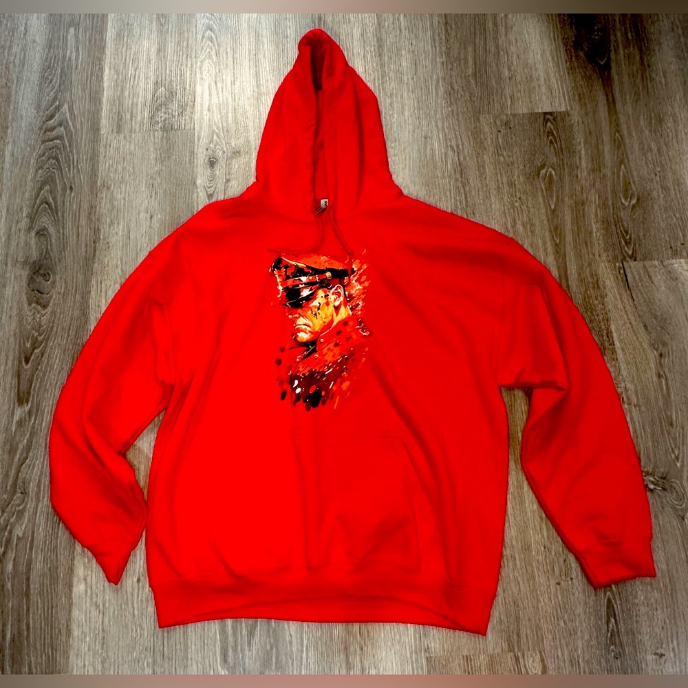 Gildan Red XL Sweatshirt With Artist Depicted Military Character Cool Print